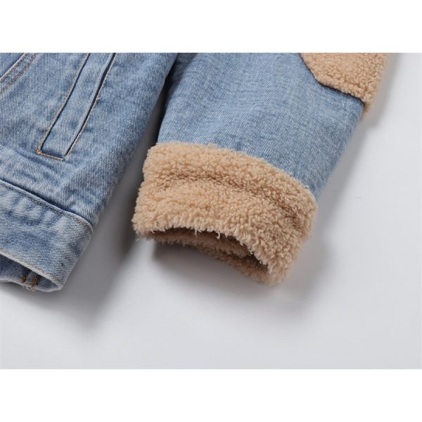 Denim Lamb Wool Loose Stitching Design Plus Velvet Cotton Jacket - Image 3