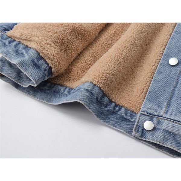 Denim Lamb Wool Loose Stitching Design Plus Velvet Cotton Jacket - Image 4