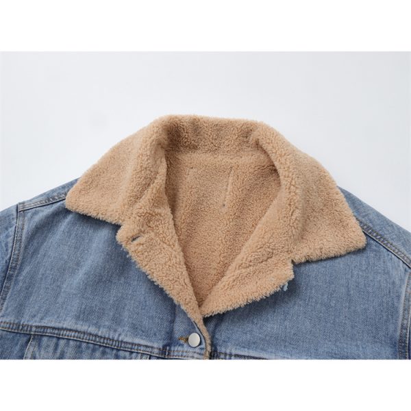 Denim Lamb Wool Loose Stitching Design Plus Velvet Cotton Jacket - Image 2
