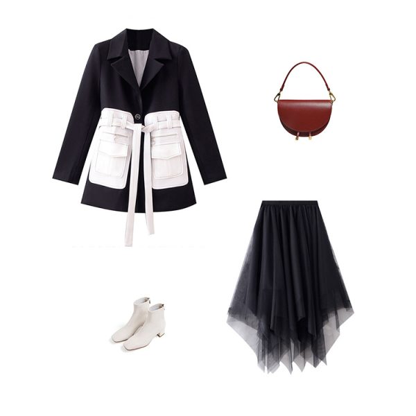 Small Design Sense Black Suit Jacket Female Thin Temperament Waist Tie Small Suit - Image 3