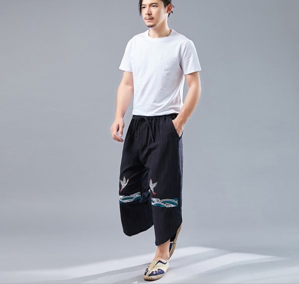 Chinese style retro double crane pants men's literary personality pants male - Image 4
