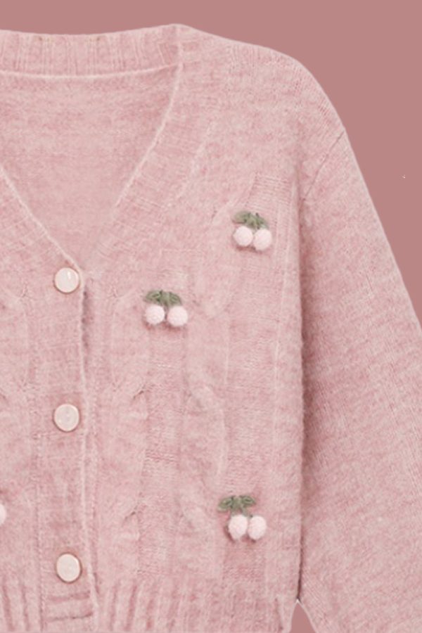 Knitted Cardigan Pink Cherry Lazy Retro Gentle Sweater - Image 5