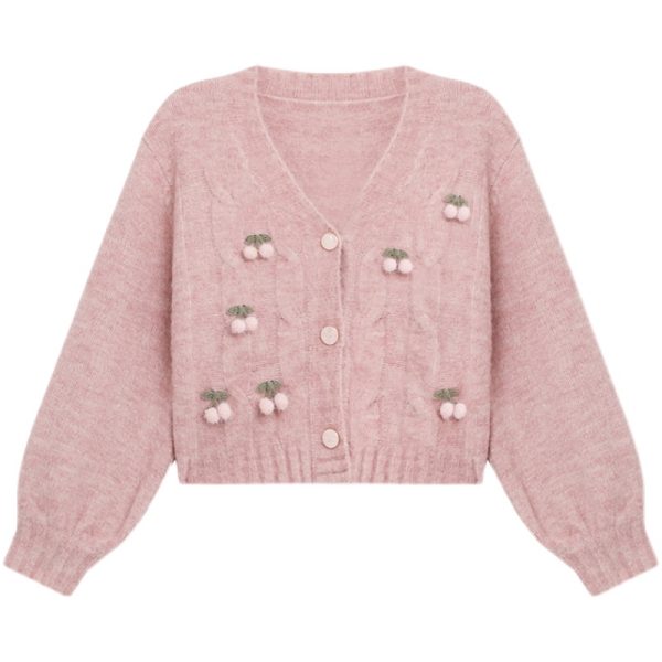 Knitted Cardigan Pink Cherry Lazy Retro Gentle Sweater - Image 6