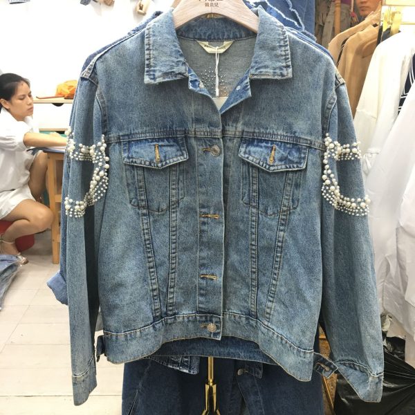 Beaded Denim Jacket Korean Loose Pearl Embroidery European Station Short Top Jacket Female Trend