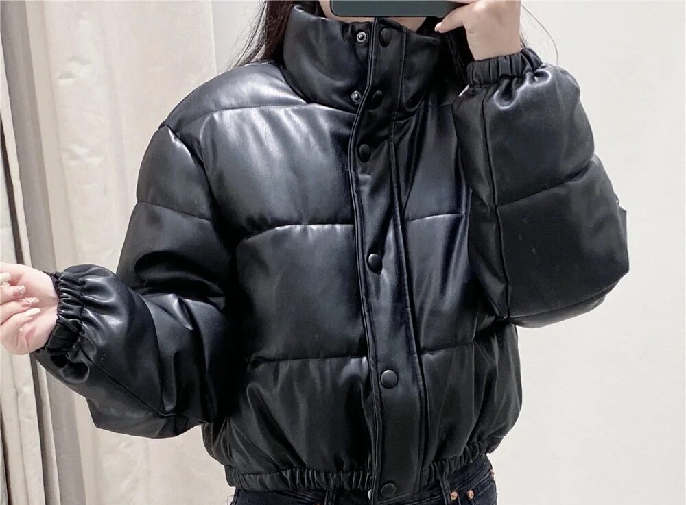 Women's Faux Leather Puffer Jacket | Cotton-Padded Coat 1 faux leather puffer jacket