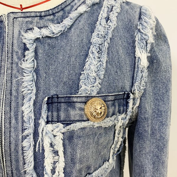 Denim Jacket With Fringe Stitching Lion Head Buckle - Image 3