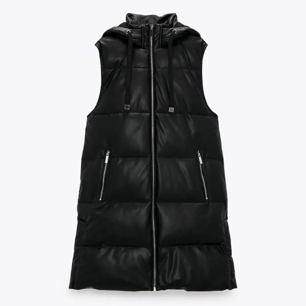 Pure Color Black Hooded Vest Women's Fashion Zipper PU - Image 3