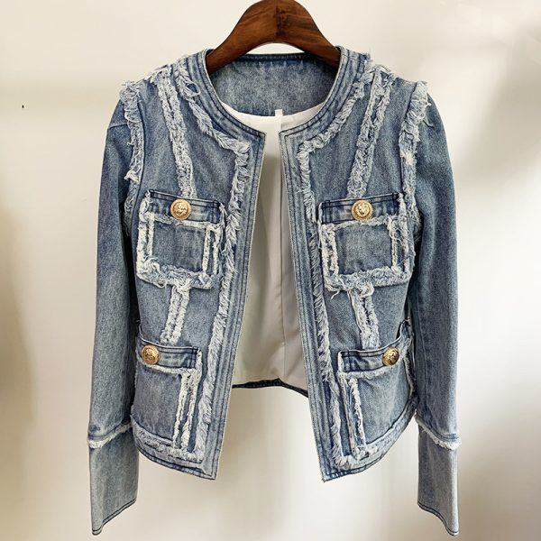 Denim Jacket With Fringe Stitching Lion Head Buckle - Image 4