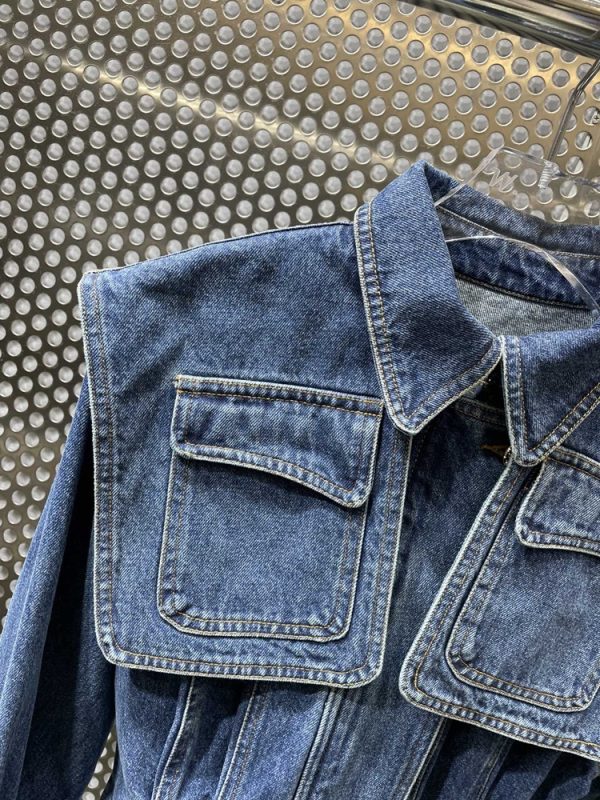 Distressed Stitching Pocket Denim Jacket With Waist - Image 4
