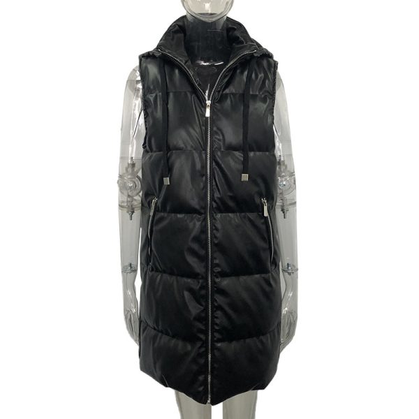 Pure Color Black Hooded Vest Women's Fashion Zipper PU