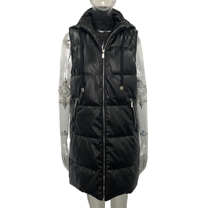 Pure Color Black Hooded Vest Women's Fashion Zipper PU
