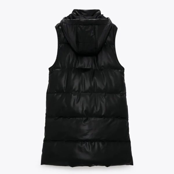 Pure Color Black Hooded Vest Women's Fashion Zipper PU - Image 4