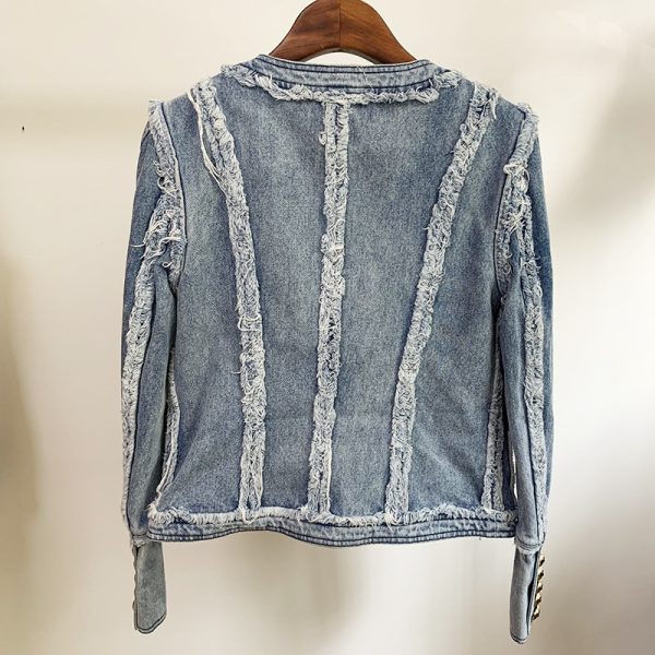 Denim Jacket With Fringe Stitching Lion Head Buckle - Image 2