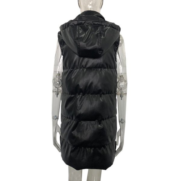 Pure Color Black Hooded Vest Women's Fashion Zipper PU - Image 2