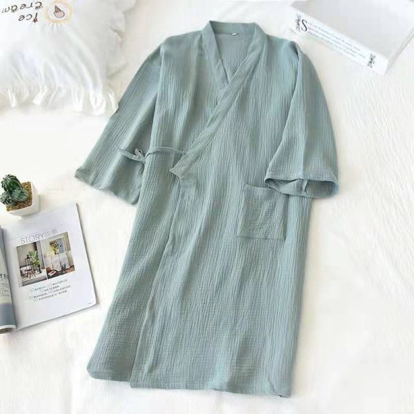 Woven Cotton Double-layer Gauze Robe Pajamas, Washed Cotton Yarn Bathrobe, Thin - Image 3