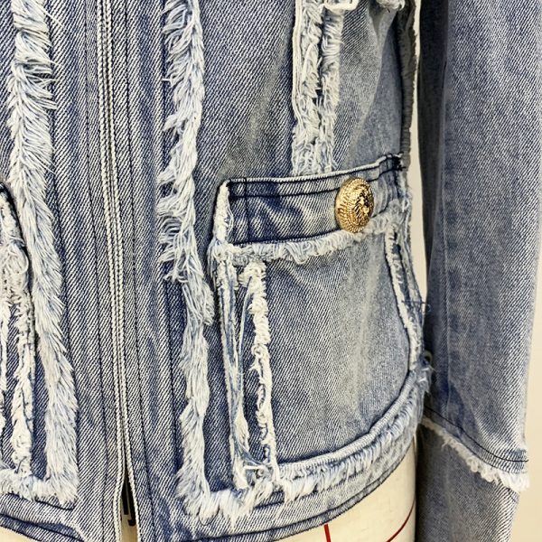 Denim Jacket With Fringe Stitching Lion Head Buckle - Image 5