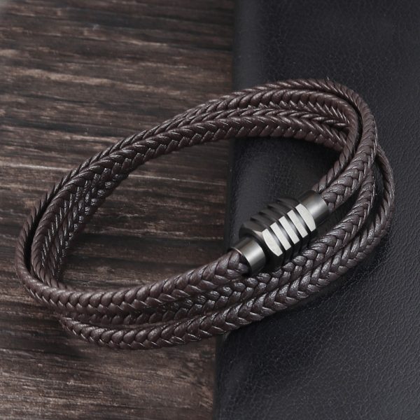 Black multi-layer braided cowhide bracelet - Image 5