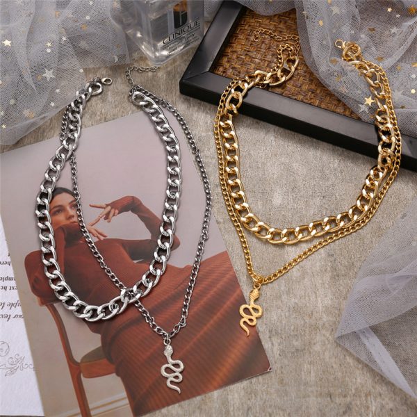 Punk Chunky Chain Double Snake Pendant Necklace - Image 4