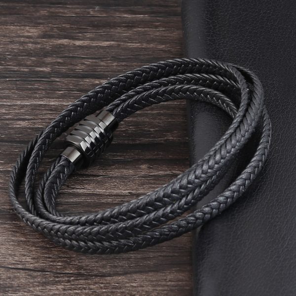 Black multi-layer braided cowhide bracelet - Image 4