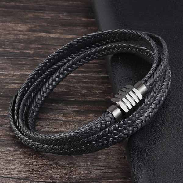 Black multi-layer braided cowhide bracelet - Image 2