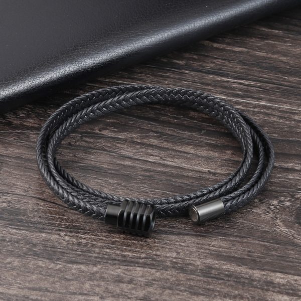 Black multi-layer braided cowhide bracelet - Image 3