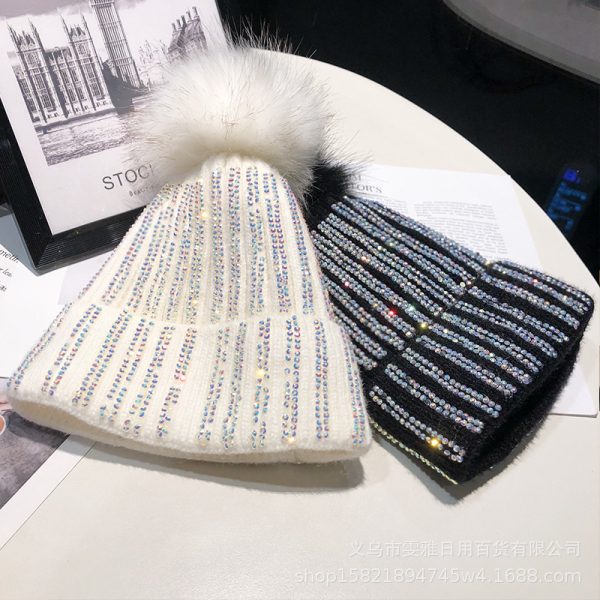 Knitted Woolen Hat Women's Bright Diamond Matching Fur Ball Hat All-match Winter Plus Velvet Thickened Warm Pullover Hat Cold Hat Women - Image 3