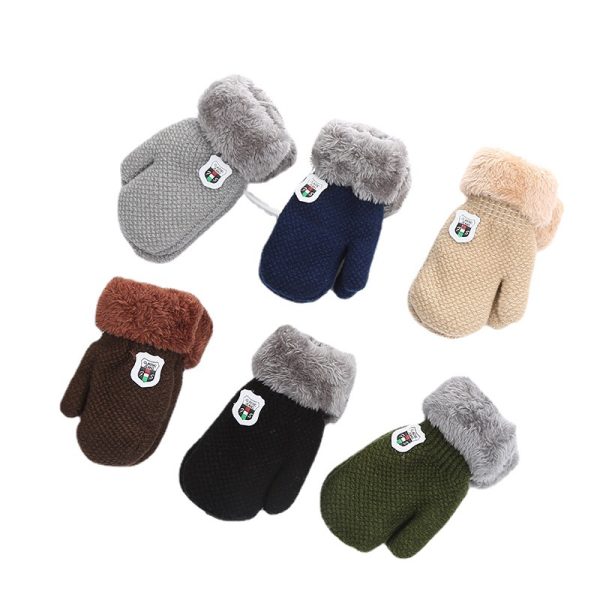 Children's Gloves For 1-4 Years Old Winter Knitted Wool Double-layer Fleece-added Thickened Lanyard To Prevent Children's Shield Leather Label