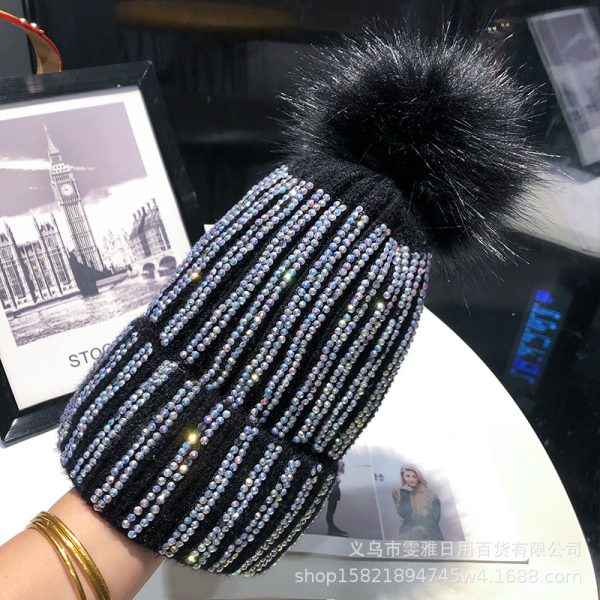 Knitted Woolen Hat Women's Bright Diamond Matching Fur Ball Hat All-match Winter Plus Velvet Thickened Warm Pullover Hat Cold Hat Women - Image 9