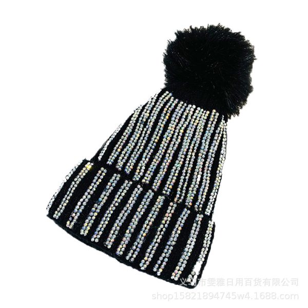 Knitted Woolen Hat Women's Bright Diamond Matching Fur Ball Hat All-match Winter Plus Velvet Thickened Warm Pullover Hat Cold Hat Women - Image 5