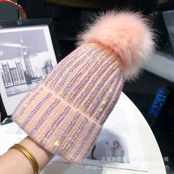 Knitted Woolen Hat Women's Bright Diamond Matching Fur Ball Hat All-match Winter Plus Velvet Thickened Warm Pullover Hat Cold Hat Women - Image 8