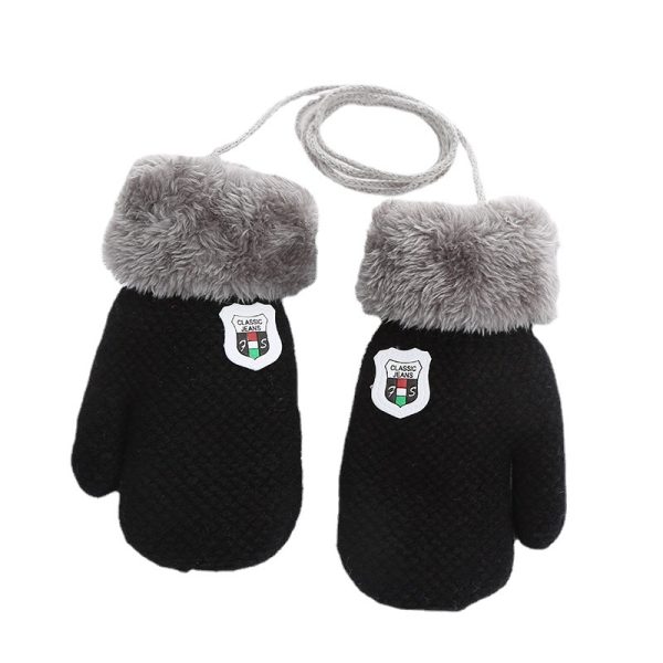 Children's Gloves For 1-4 Years Old Winter Knitted Wool Double-layer Fleece-added Thickened Lanyard To Prevent Children's Shield Leather Label - Image 5