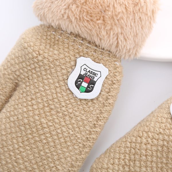 Children's Gloves For 1-4 Years Old Winter Knitted Wool Double-layer Fleece-added Thickened Lanyard To Prevent Children's Shield Leather Label - Image 3