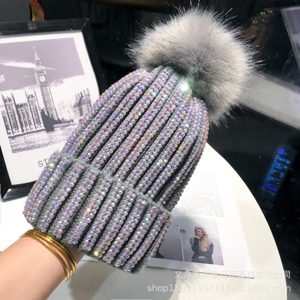 Knitted Woolen Hat Women's Bright Diamond Matching Fur Ball Hat All-match Winter Plus Velvet Thickened Warm Pullover Hat Cold Hat Women - Image 7