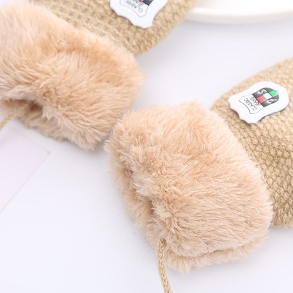 Children's Gloves For 1-4 Years Old Winter Knitted Wool Double-layer Fleece-added Thickened Lanyard To Prevent Children's Shield Leather Label - Image 2