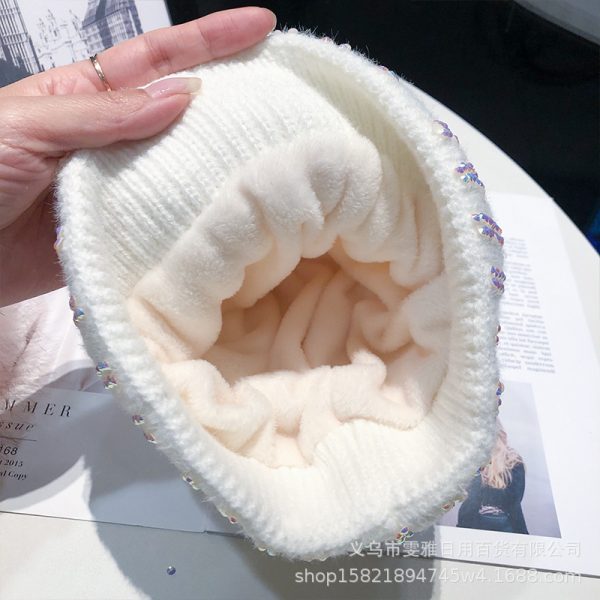 Knitted Woolen Hat Women's Bright Diamond Matching Fur Ball Hat All-match Winter Plus Velvet Thickened Warm Pullover Hat Cold Hat Women - Image 4
