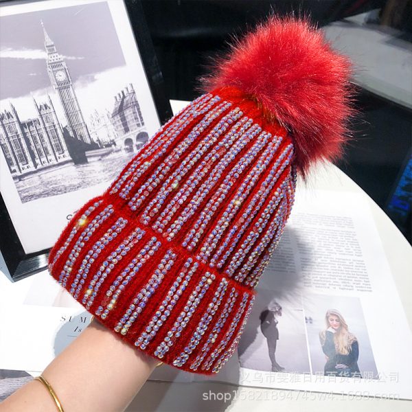 Knitted Woolen Hat Women's Bright Diamond Matching Fur Ball Hat All-match Winter Plus Velvet Thickened Warm Pullover Hat Cold Hat Women - Image 6