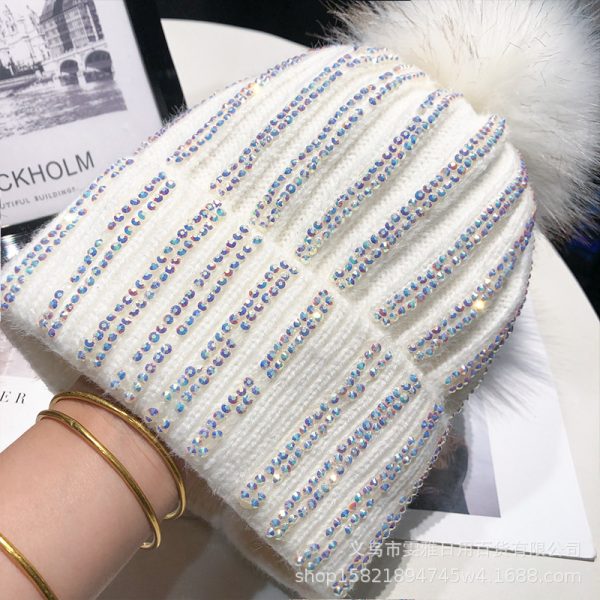Knitted Woolen Hat Women's Bright Diamond Matching Fur Ball Hat All-match Winter Plus Velvet Thickened Warm Pullover Hat Cold Hat Women - Image 2