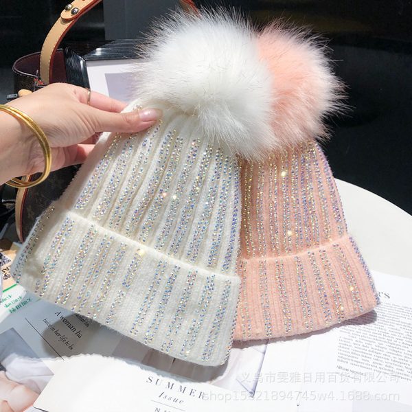 Knitted Woolen Hat Women's Bright Diamond Matching Fur Ball Hat All-match Winter Plus Velvet Thickened Warm Pullover Hat Cold Hat Women