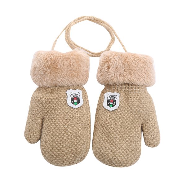 Children's Gloves For 1-4 Years Old Winter Knitted Wool Double-layer Fleece-added Thickened Lanyard To Prevent Children's Shield Leather Label - Image 4