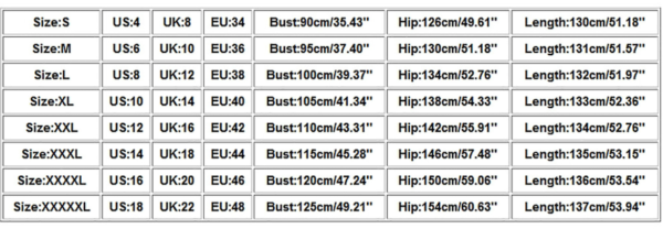 Plus Size Neon Dress size chart