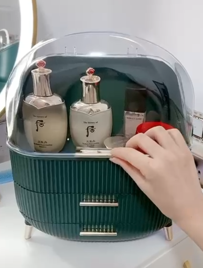 Dustproof Makeup Organizer with Clear Cover | Waterproof Skincare Caddy 2 Waterproof Skincare Caddy on a bathroom countertop, protecting items from water.