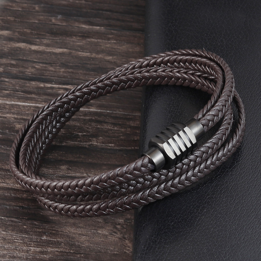 Braided Cowhide Leather Bracelet | Titanium Steel Clasp 8 undefined