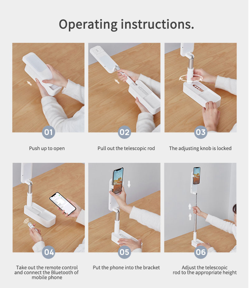 foldable phone stand with LED light and Bluetooth remote tripod