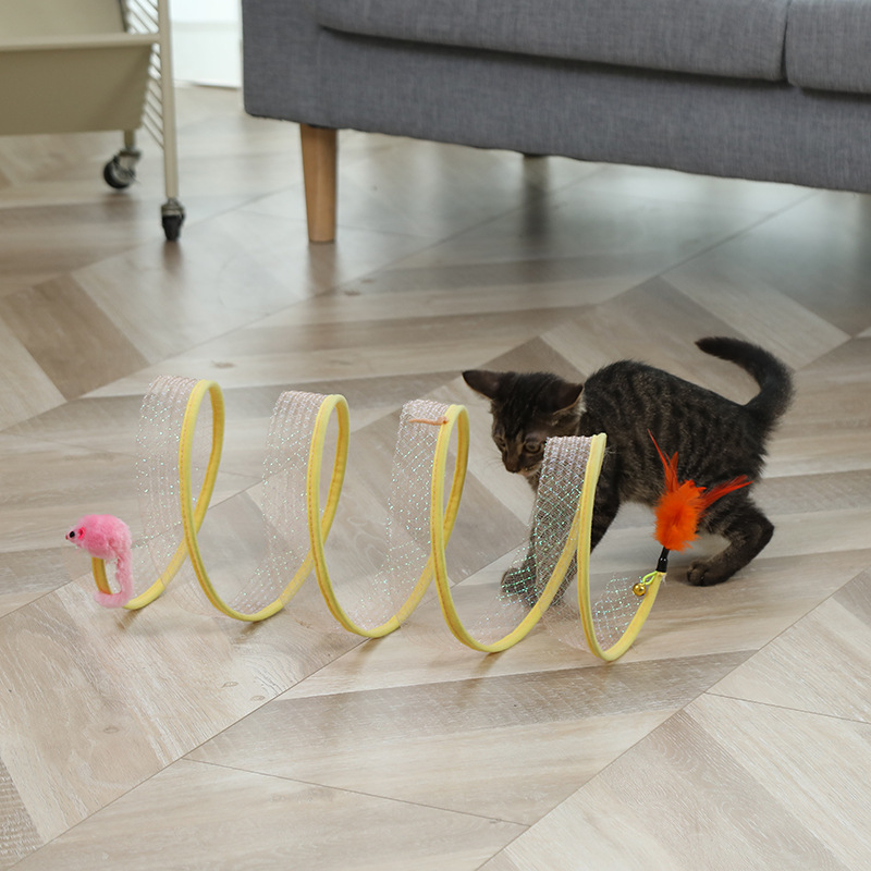 Foldable S-Type Cat Tunnel | Interactive Plush Mouse & Feather