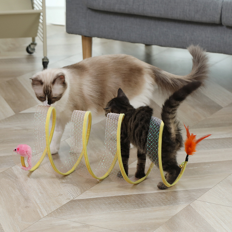Foldable S-Type Cat Tunnel | Interactive Plush Mouse & Feather