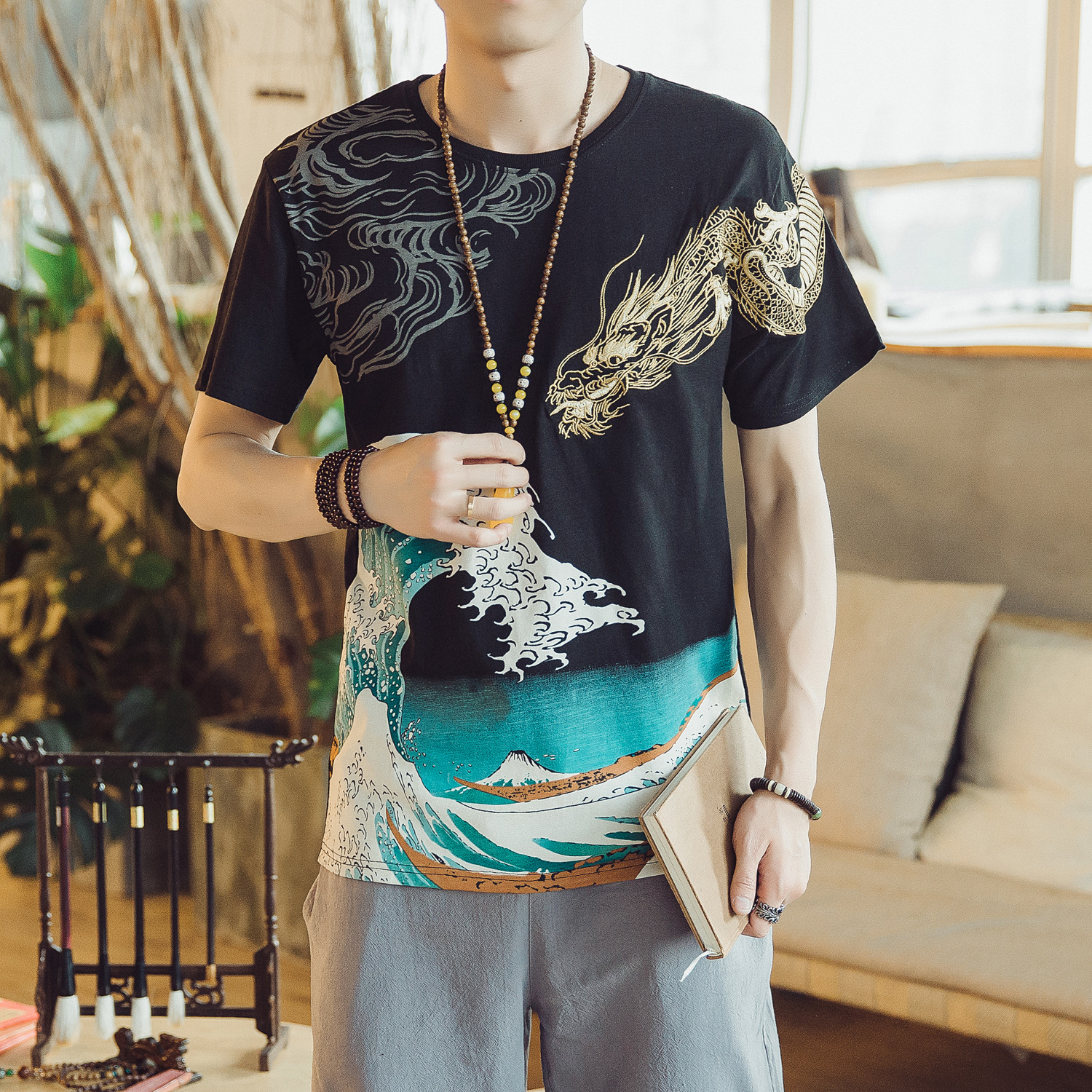 Men's Loose Embroidered T-Shirt | Chinese Style Cotton