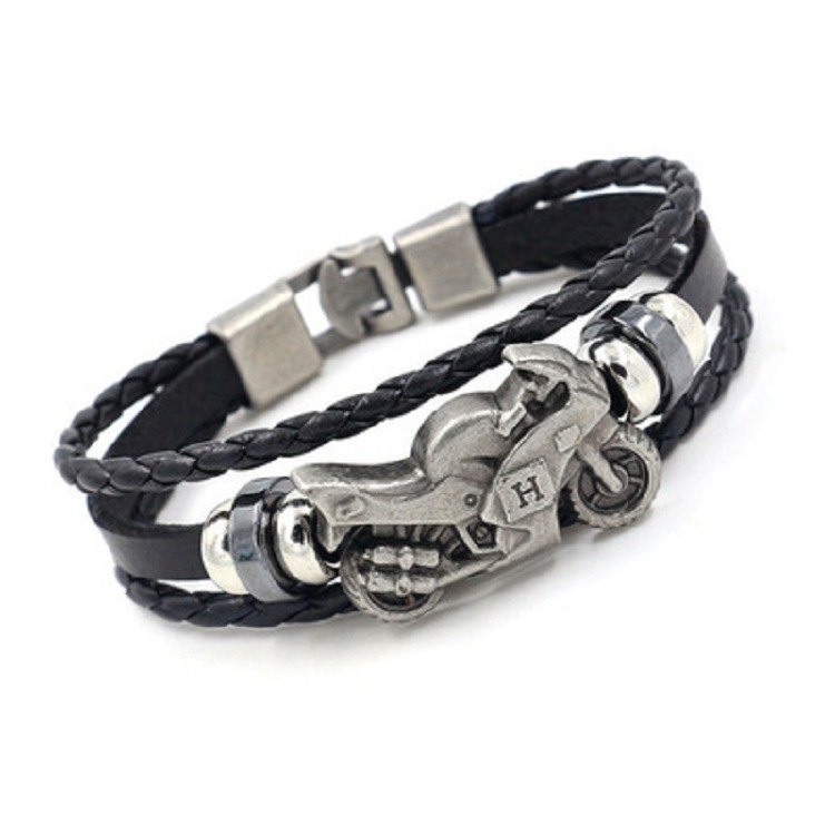 Men's Motorcycle Leather Bracelet | Multi-Layer Woven Punk Cuff