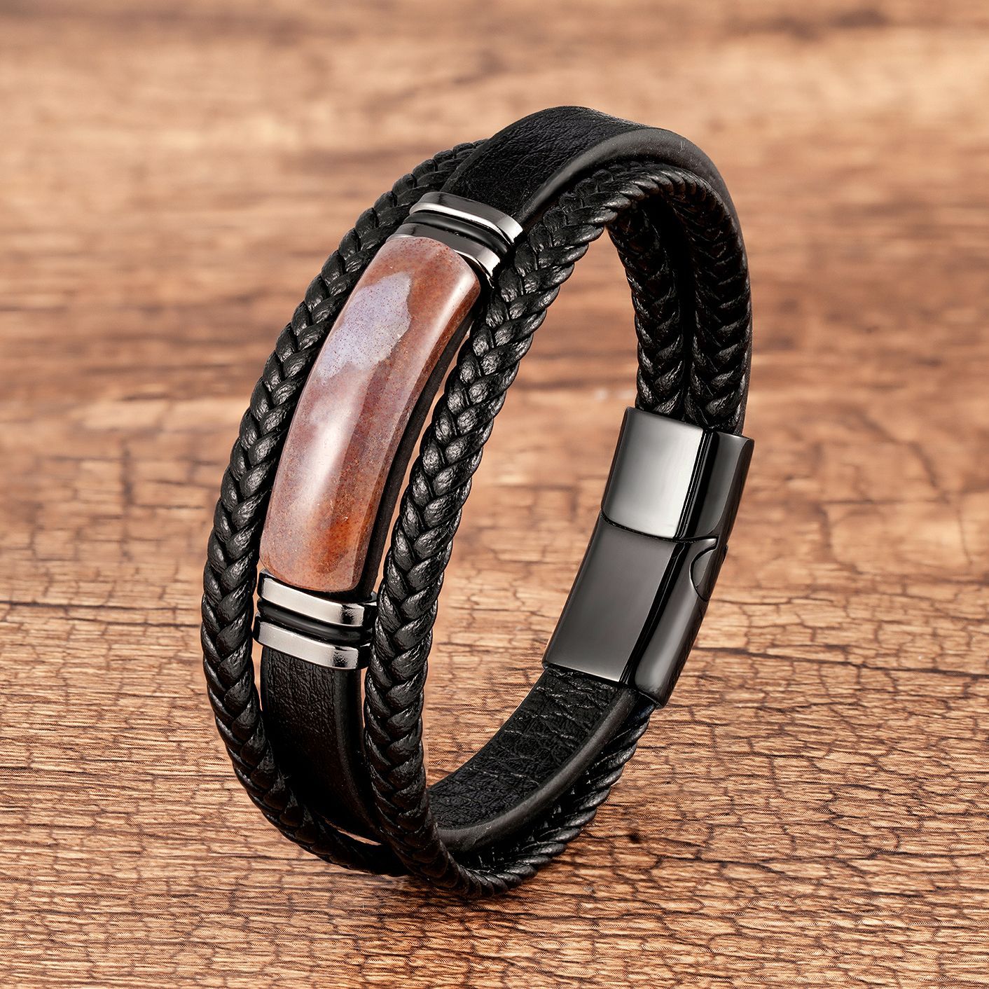 Multi-Layer Agate Stone Bracelet | Braided Leather Rope