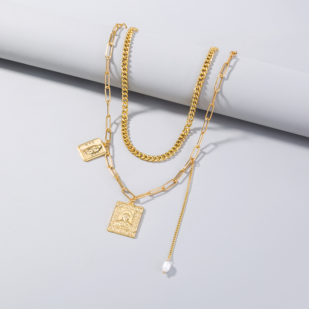 Multi-Layer Gold Necklace | Square Rice Bead Pendant