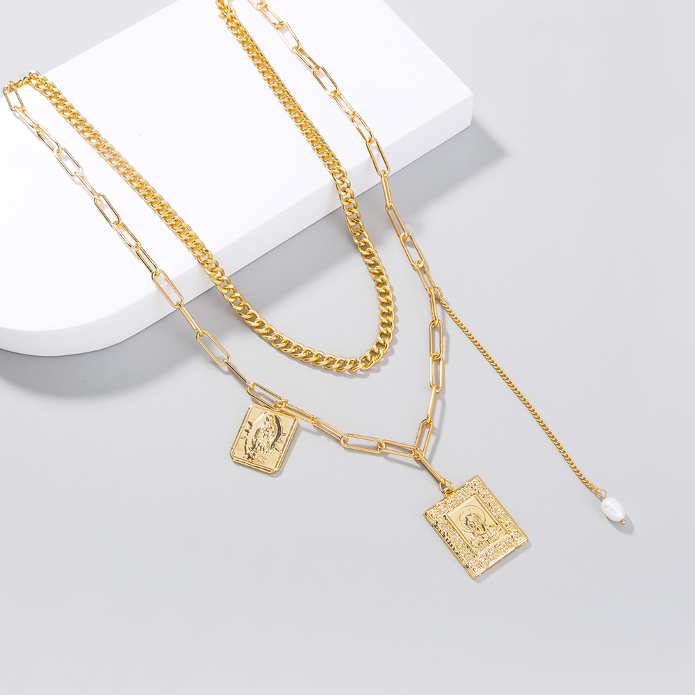 Multi-Layer Gold Necklace | Square Rice Bead Pendant